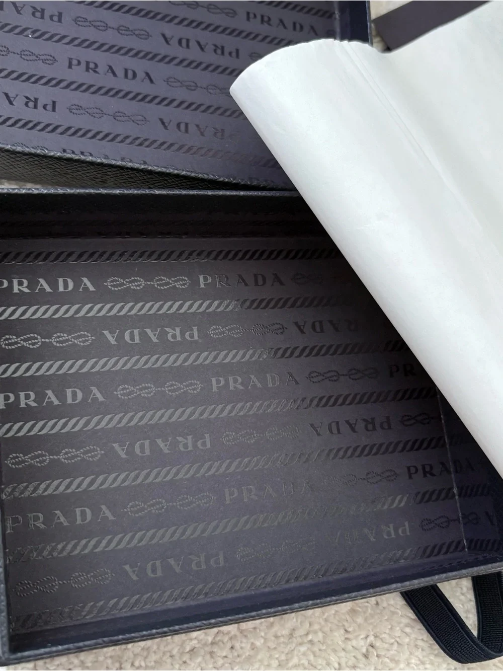 Prada Navy and silver Textured Saffiano Gift box and elastic